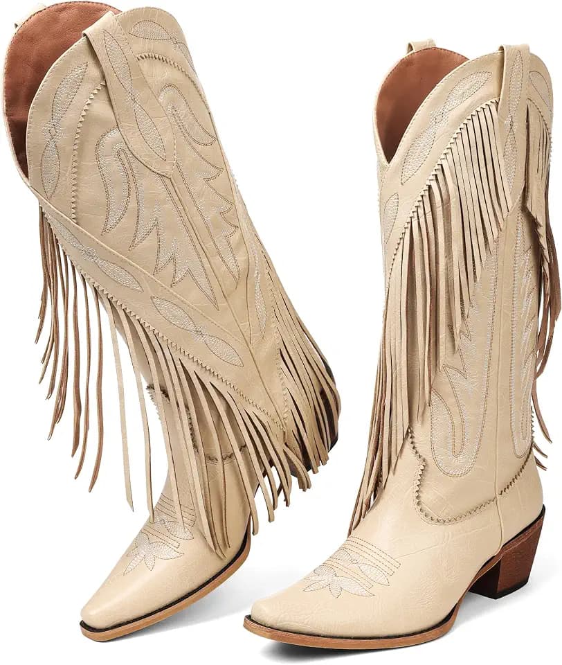 Cowgirl Boots Women Retro Block Chunky Suede Fringe Cowboy Boots
