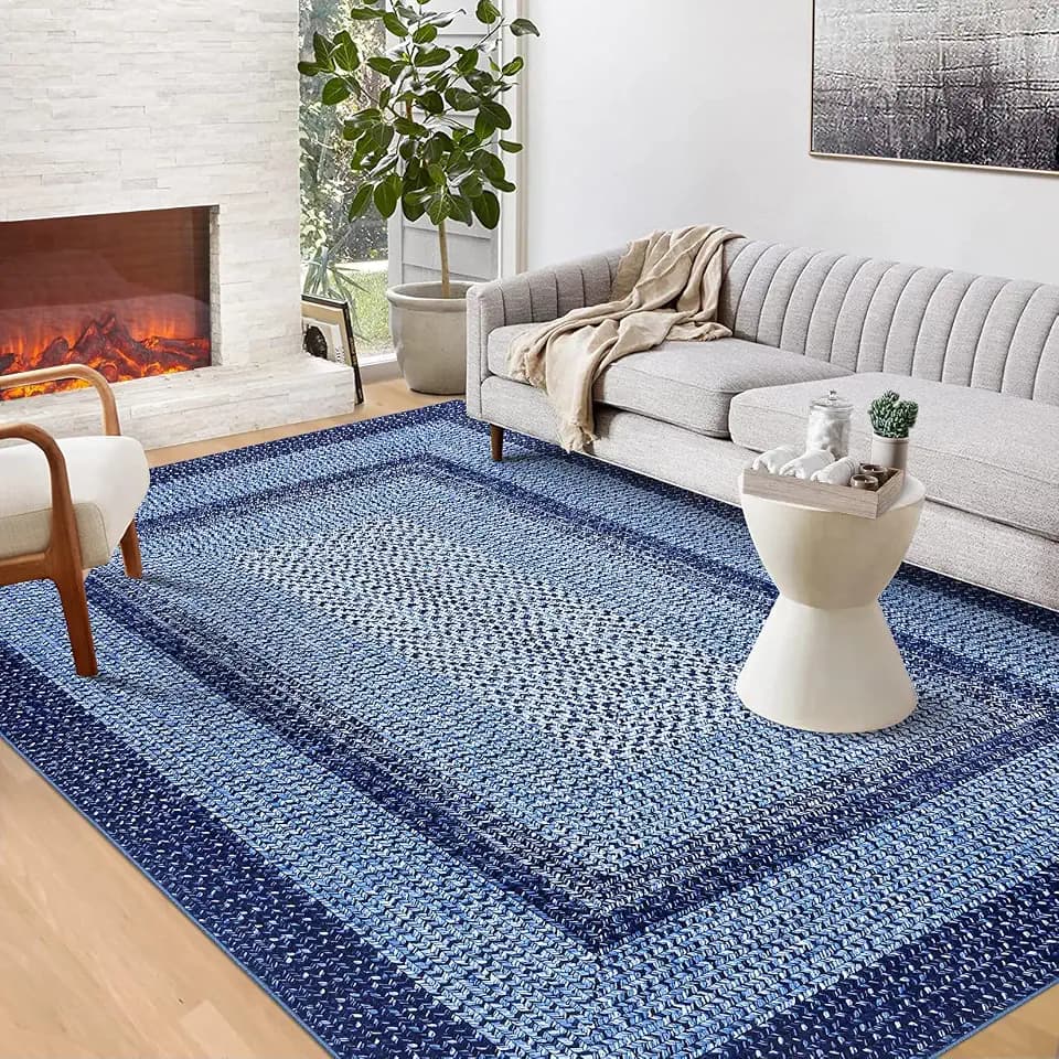 GAOMON Entryway Rug 3x5 Non Slip Washable Rug Braided Print Low Pile Floor Cover Indoor Soft Kitchen Mat Ultra-Thin Non-Shedding Farmhouse Floor Mat for Bedroom Laundry Under Table Office Dorm Navy