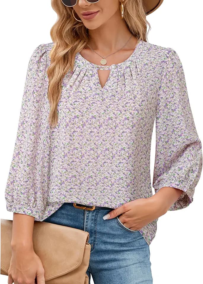 VALOLIA Women's 3/4 Sleeve Dressy Blouses Shirts Business Casual Work Chiffon Tunic Tops
