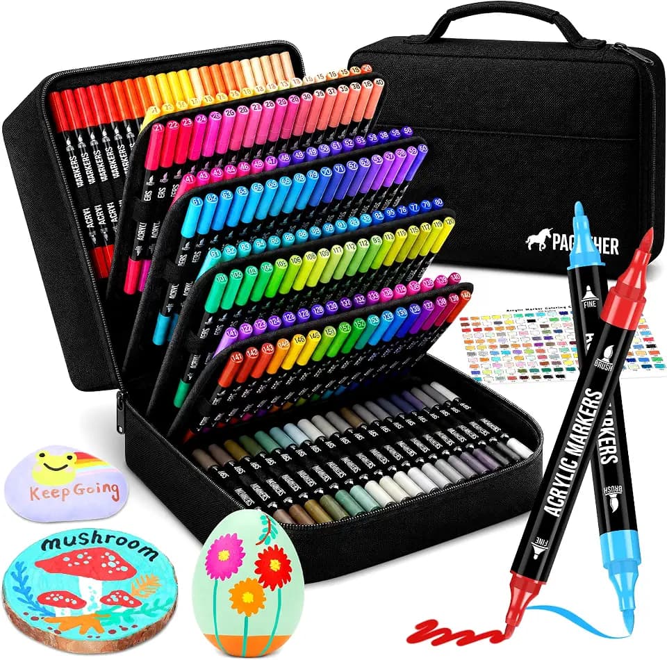 Pagather Acrylic Paint Markers, 168 Colors Dual Tip Fine & Brush Pens Set