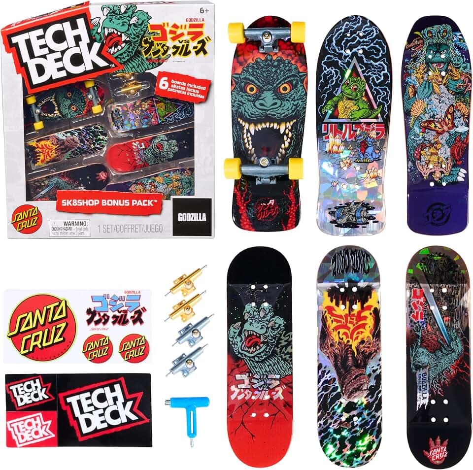 TECH Deck, Godzilla Sk8shop Fingerboard Bonus-Pack, Sammlerstück und anpassbare Mini-Skateboards, Kinderspielzeug ab 6 Jahren