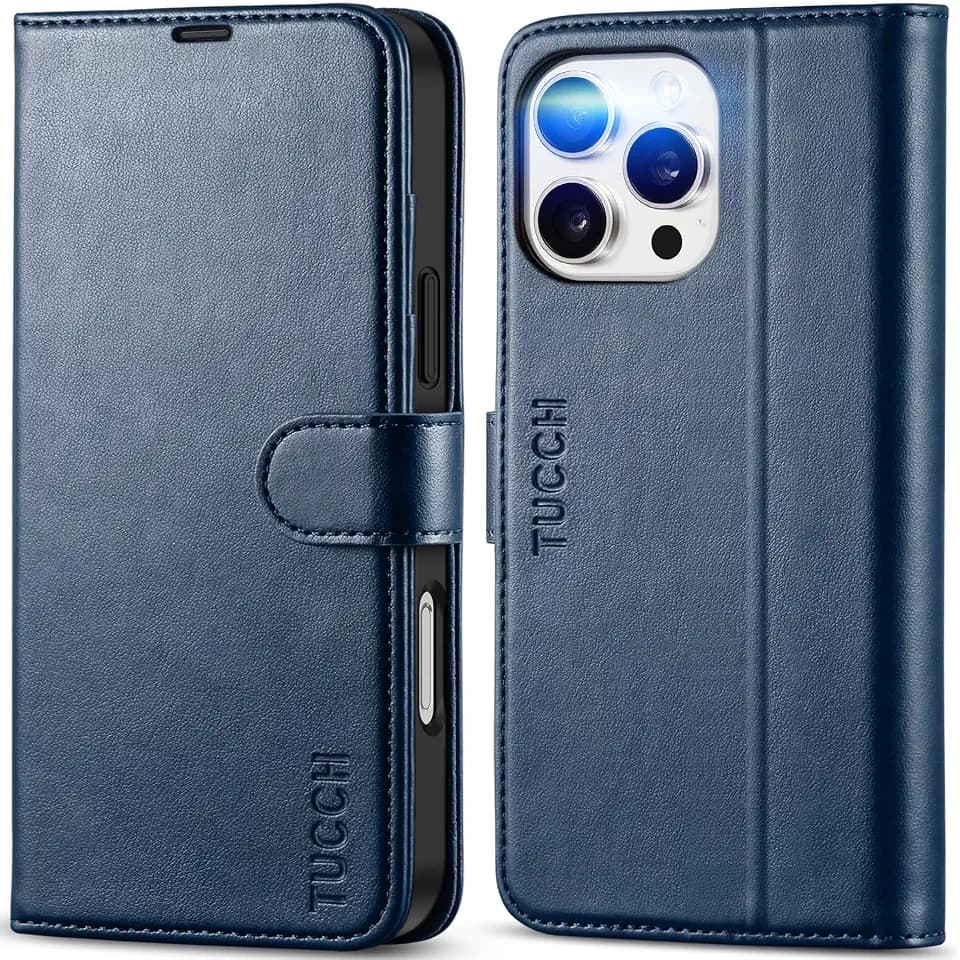TUCCH Case Wallet for iPhone 16 Pro Max, RFID Blocking Folio, Dark Blue