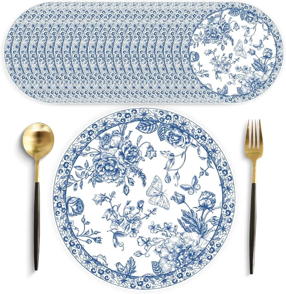 50 Pack Blue and White Paper Placemats 13.7 Inch Vintage Blue Floral Wedding Disposable Round Place Mats Chinoiserie Summer Table Mats for Wedding Bride Anniversary Birthday Party Supplies