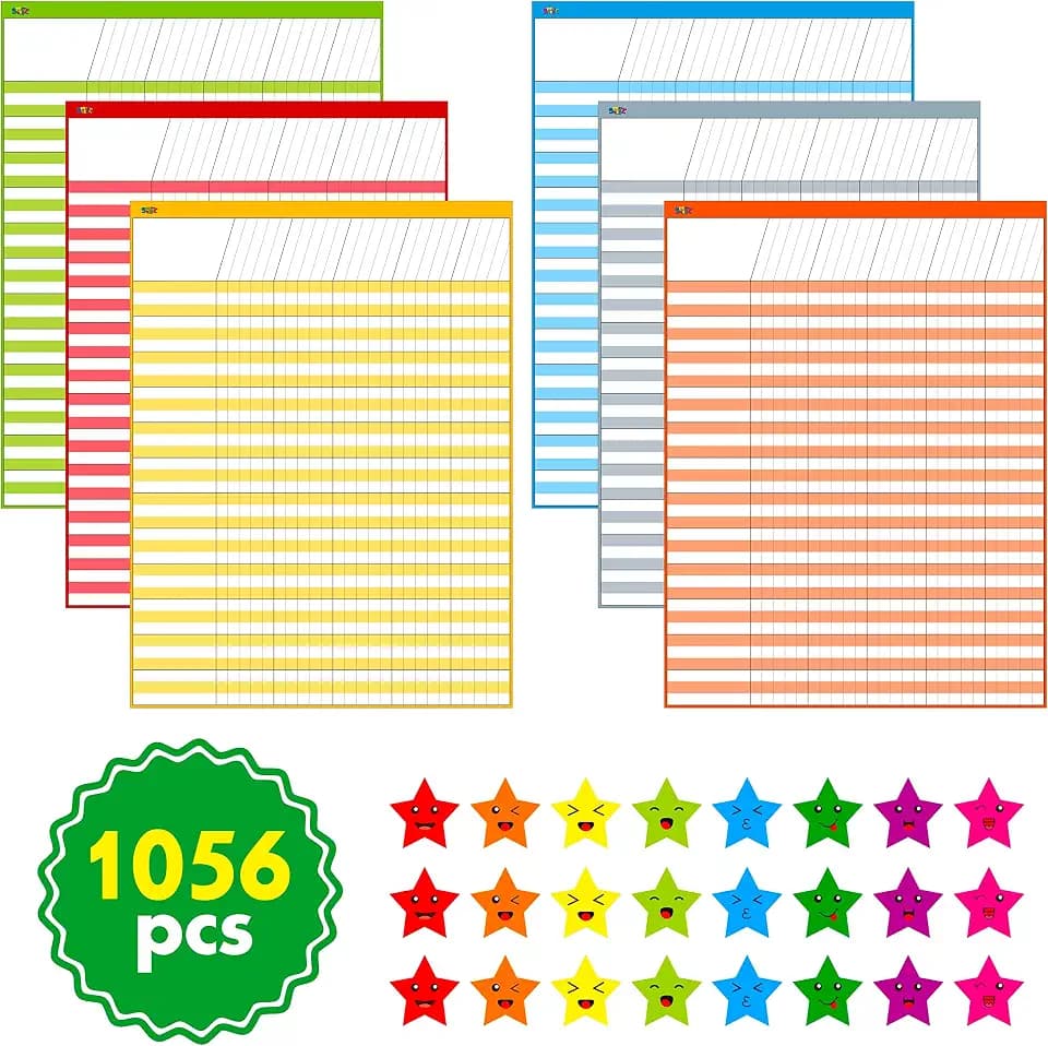 6 Pack Multi-Color Dry Erase Incentive Chart/Chore/Responsibility/School Attendance/Homework Progress Tracking Chart, 6 Pack in Multi-Color, 36 Rows X 25 Columns (17" x 22.5") with 1056 Stars