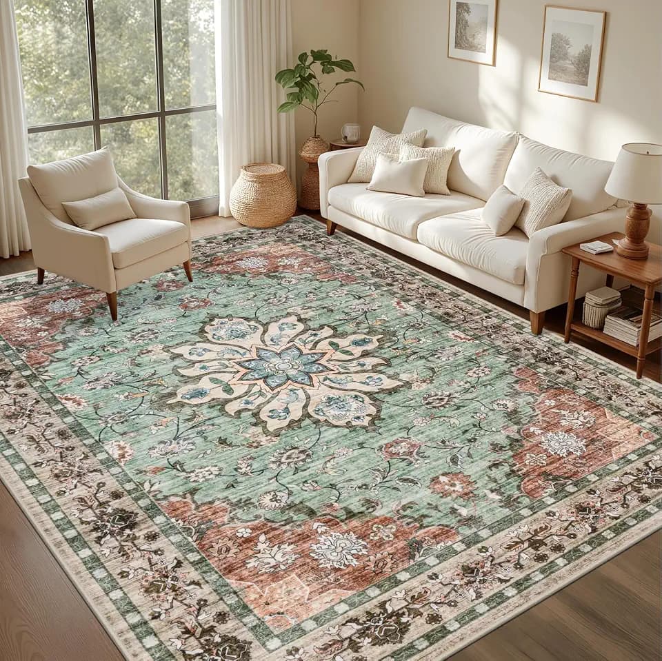 6x9 Area Rugs Living Room: Washable Rug for Bedroom Brown Green