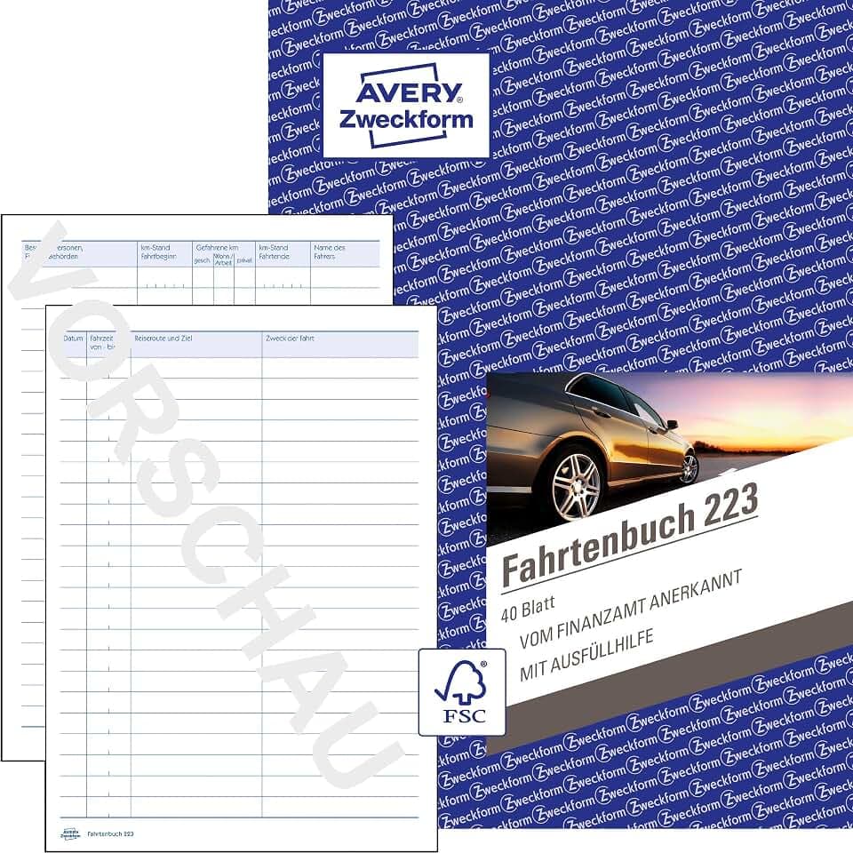 AVERY Zweckform 223 Softcover Fahrtenbuch PKW (Finanzamt anerkannt, DIN A5 210x148mm, 80 Seiten|858 Fahrten, Deutschland & Österreich, Abgrenzung privater/geschäftlicher Fahrten) 1 Stück