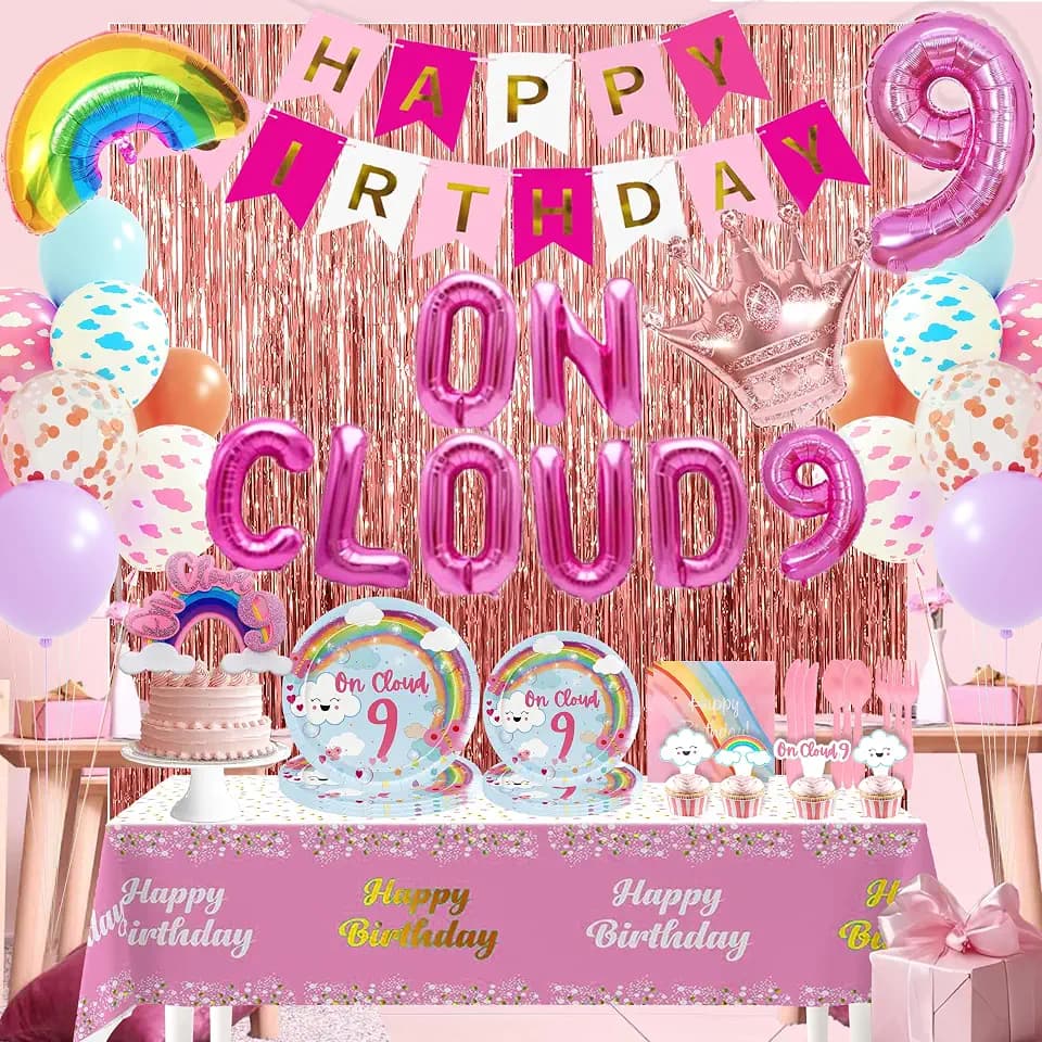 On Cloud 9 Birthday Decorations for Girls Rainbow 9th Party Decorations Balloons Plates and Napkins Set with Tablecloth Backdrop happy birthday decorations 9 year old girl