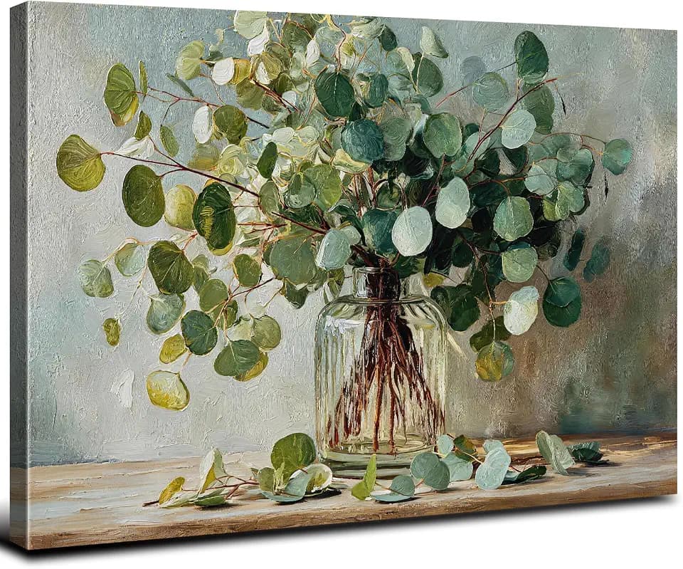 Eucalyptus Wall Art Sage Green Bathroom Decor Botanical Picture Plant Leaf Canvas Prints Painting for Living Room Watercolor Nature Mason Jar Flower Poster Vintage Artwork Home Decorations 12x16”