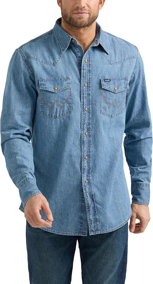Wrangler Men's Denim Light Wash Long Sleeve Snap Shirt