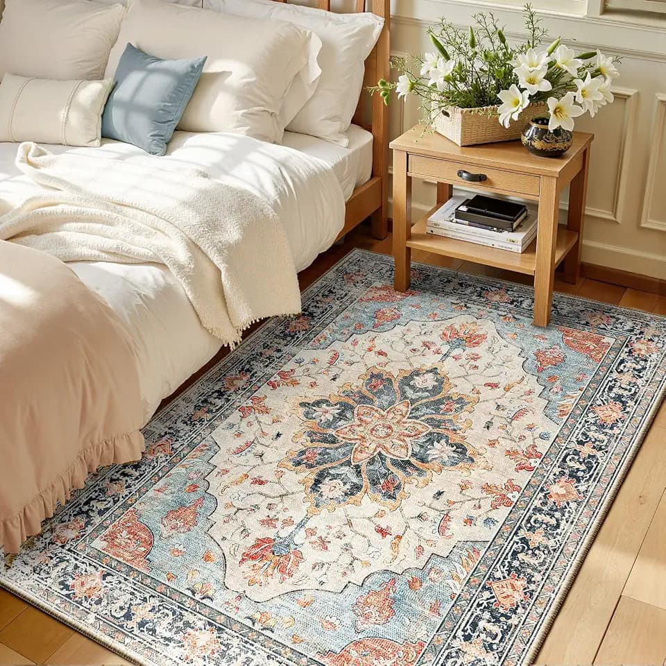 RELEANY Washable Area Rug, 3'x5', Beige/Blue/Orange