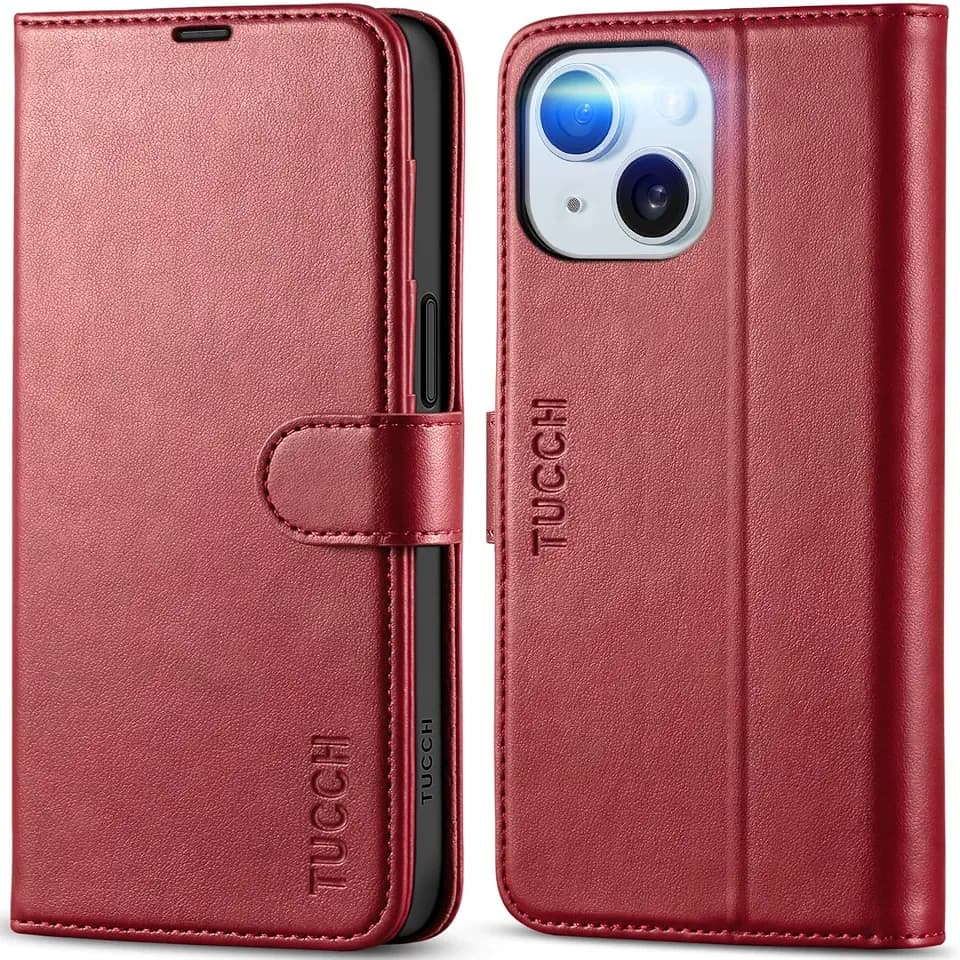 TUCCH Case Wallet for iPhone 15 (6.1") 2023, RFID Blocking Folio, Dark Red