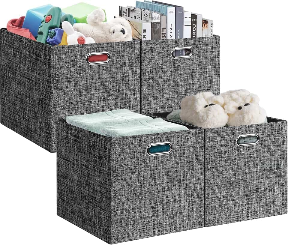Posprica 13x15x13in Collapsible Storage Bins, Fabric Foldable Cube Storage Boxes, Decorative Storage Baskets Organizer for IKEA Kallax, Shelves, Closet, Clothes, Set of 4-Black