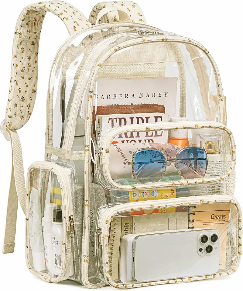 CAMTOP Clear Backpack Heavy Duty Transparent Bag See Through BookBag for Student School Work Festival Sport Travel (Beige Flower)
