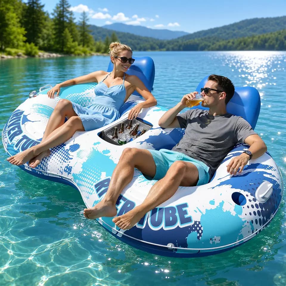 JOSEN Inflatable River Tube Float - 2 Person Heavy Duty River Float, Pool Floats Adult, Lake River Floats Water Tubes for Floating with Removable Cooler & Cupholders for Summer Relaxation
