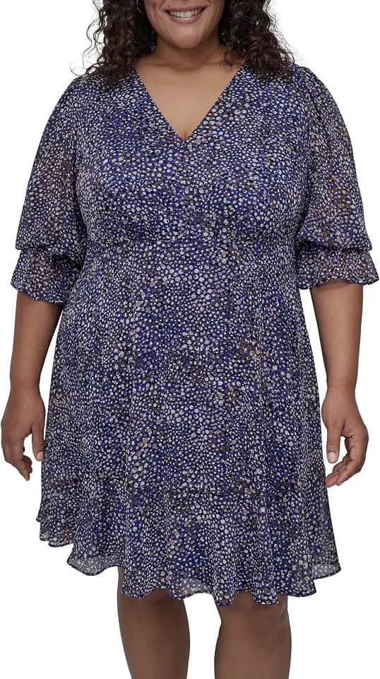DKNY Women's V-Neck Balloon Sleeve with Ruffle Hem