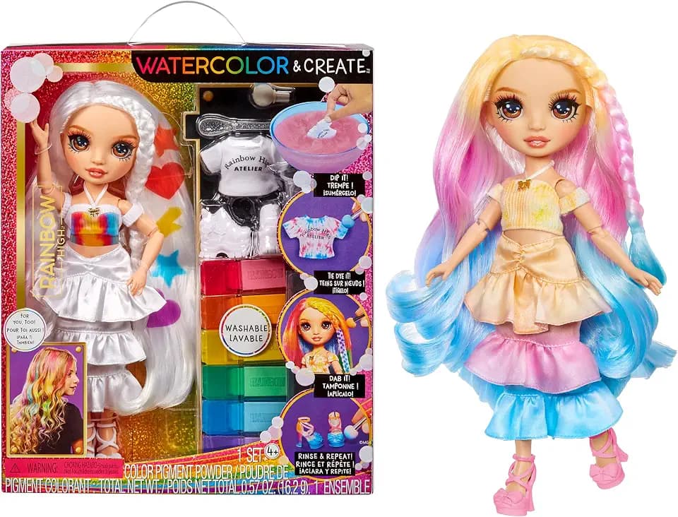 Rainbow High Watercolour & Create DIY Modepuppe, Auswaschbare Wasserfarben & Batikset - Braune Augen, Lockenhaar, Extra Top & Schuhe - Malen, Gestalten, Spielen, Abspülen, Wiederholen - 4-12+ Jahre