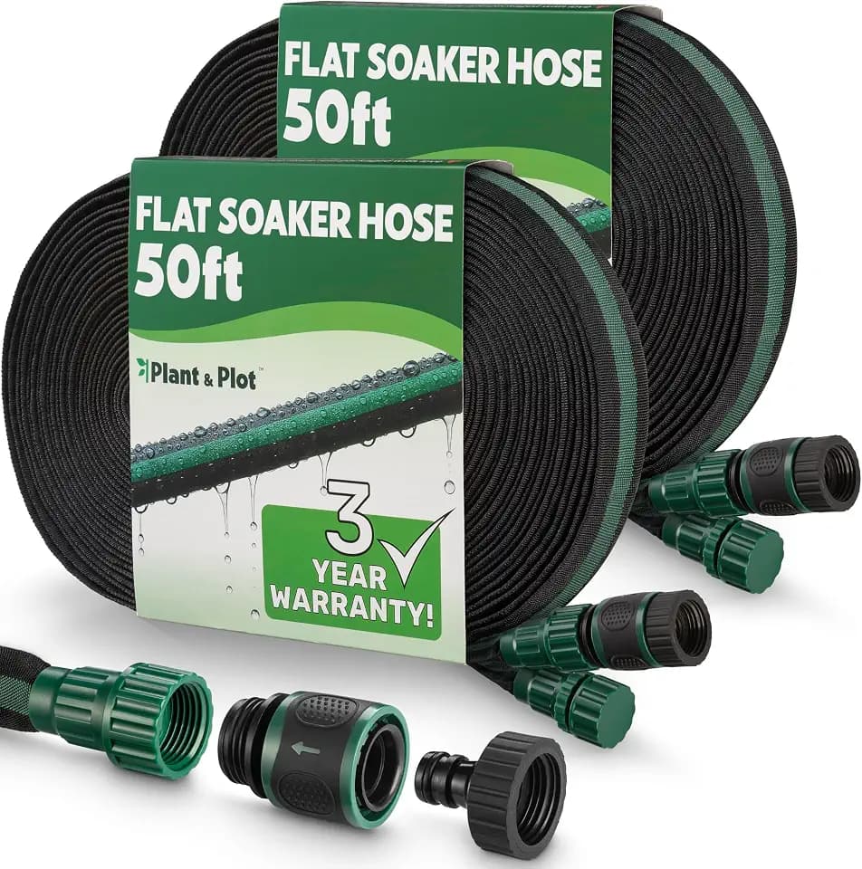 Flat Soaker Hose 100ft (50ft 2-Pack) for Garden // Drip Hose for Garden Beds, Lawns and Trees // Heavy Duty Leakproof Design with Quick Connect // Linkable Irrigation System for Vegetables and Flowers