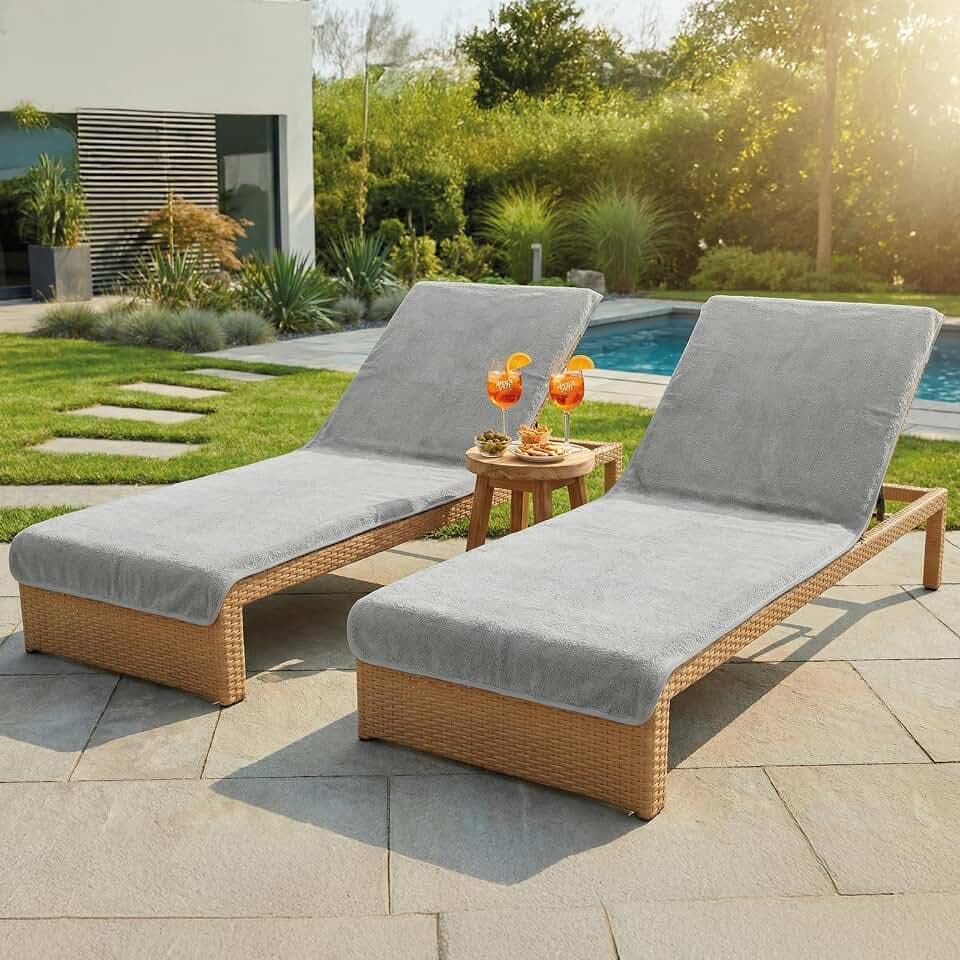 LAYNENBURG 2er-Set Premium Schonbezug für Gartenliege - 100% Baumwolle - Oeko-TEX 100 - Frottee Handtuch-Bezug Sonnenliege - Liegenbezug mit Umschlag für Standliege, Liege-Stuhl (75x200 cm Grau)