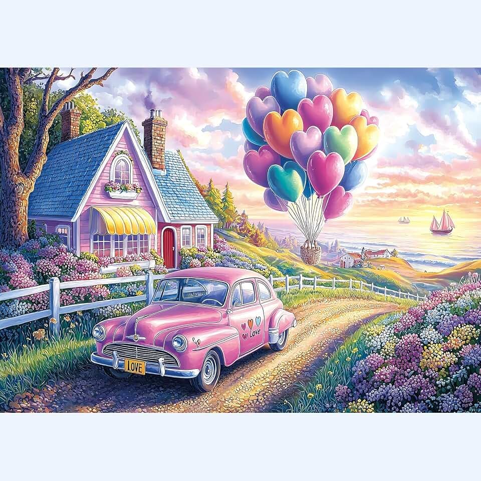1000 Piece Jigsaw Puzzles for Adults Colorful Love Scene Romantic Countryside Puzzle Funny Adult Puzzles with Letters on Back Vintage Car Heart Balloon Relaxing Puzzle Games Fun Adult Games