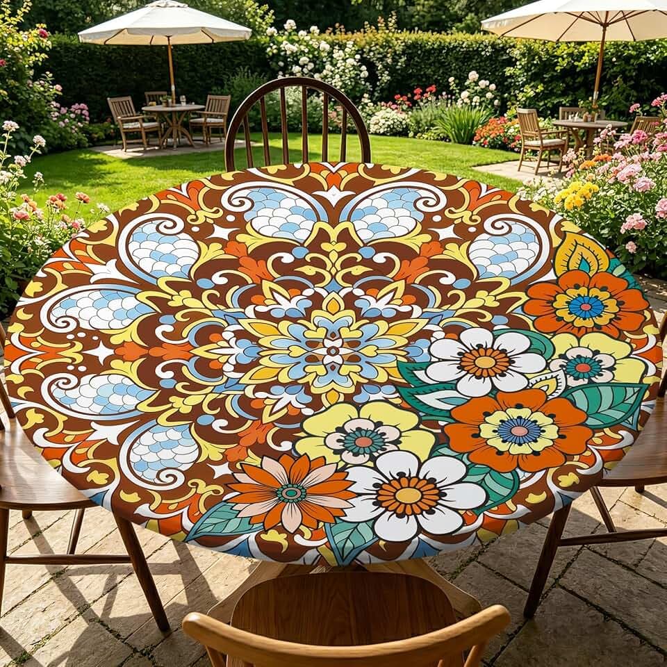 Round Table Cover Fitted Outdoor - Boho Floral Tablecloth, Waterproof Elastic Tablecloth Fits for 44"-48" Round Tables, Boho Patio Table Covers for Outdoor Dining Parties Picnics