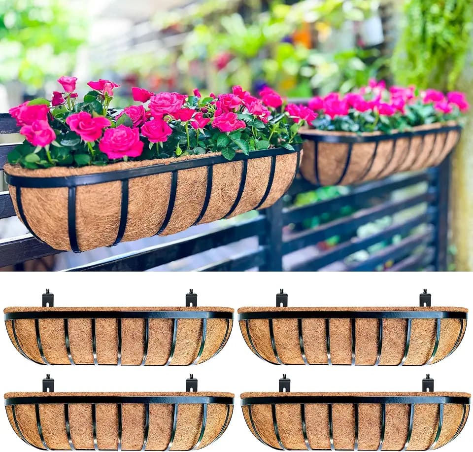 LaLaGreen Railing Planter Boxes (4 Pack, 30 Inch) Black Metal Rectangular Flower Boxes with Coco Liner, Large Hanging Planters for Outdoor Plants Deck Over Rail Fence Balcony Porch Modern Garden Decor