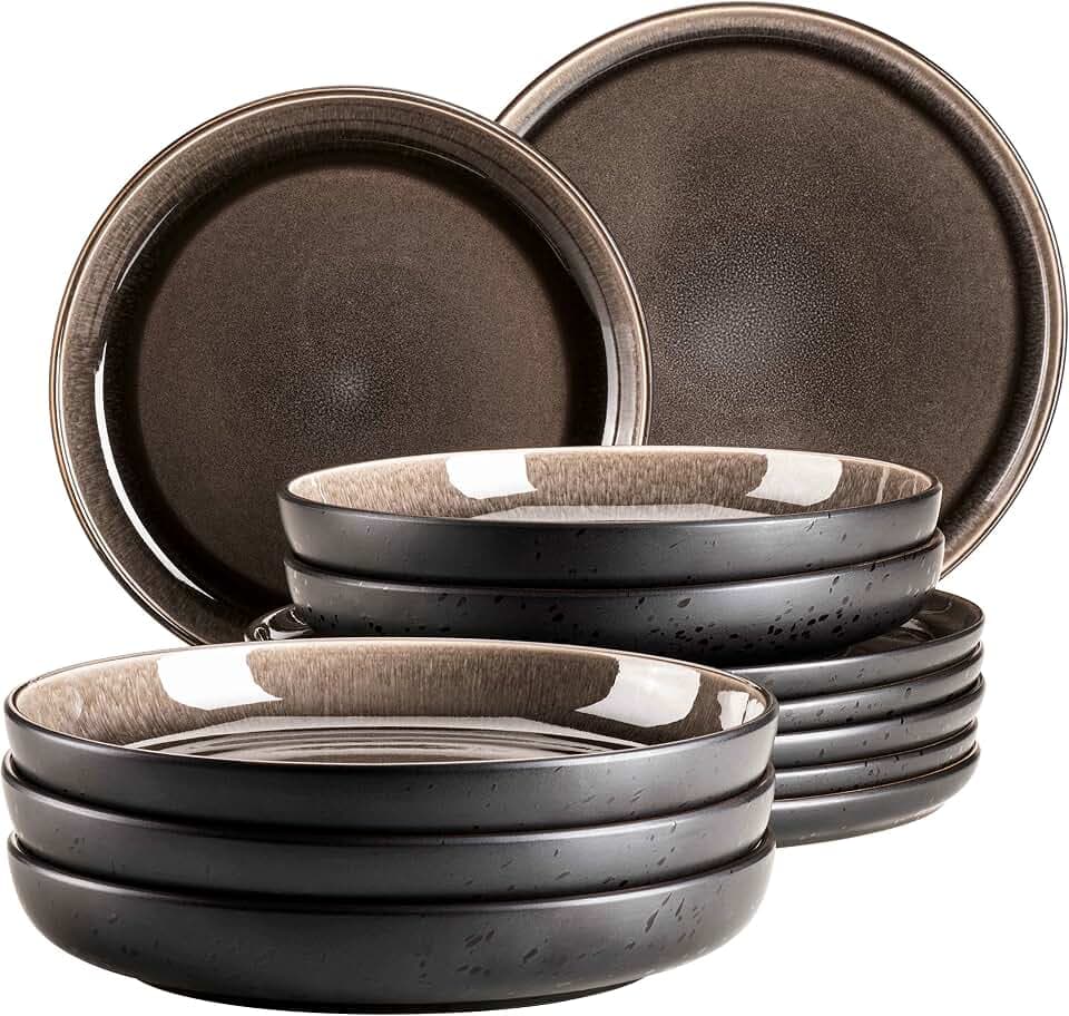 MÄSER 934021, Serie Niara, Modernes Teller Set für 6 Personen in aufregendem Vintage Look, 12-teiliges Tafelservice aus Keramik in Grau und Schwarz, Steinzeug