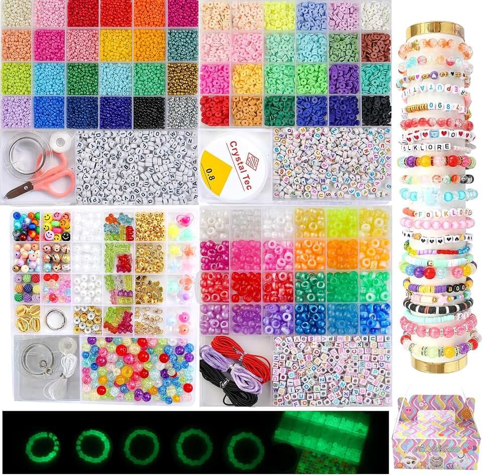 6380 PCS Jewelry Making Kit for Girls Ages 6-12 – nikkiGuo Seed Beads Clay Beads UV Color Changing Glow in the Dark Pony Beads Letter Beads Charms Tools Gift Box Bracelet Making Kit for Kids Teens