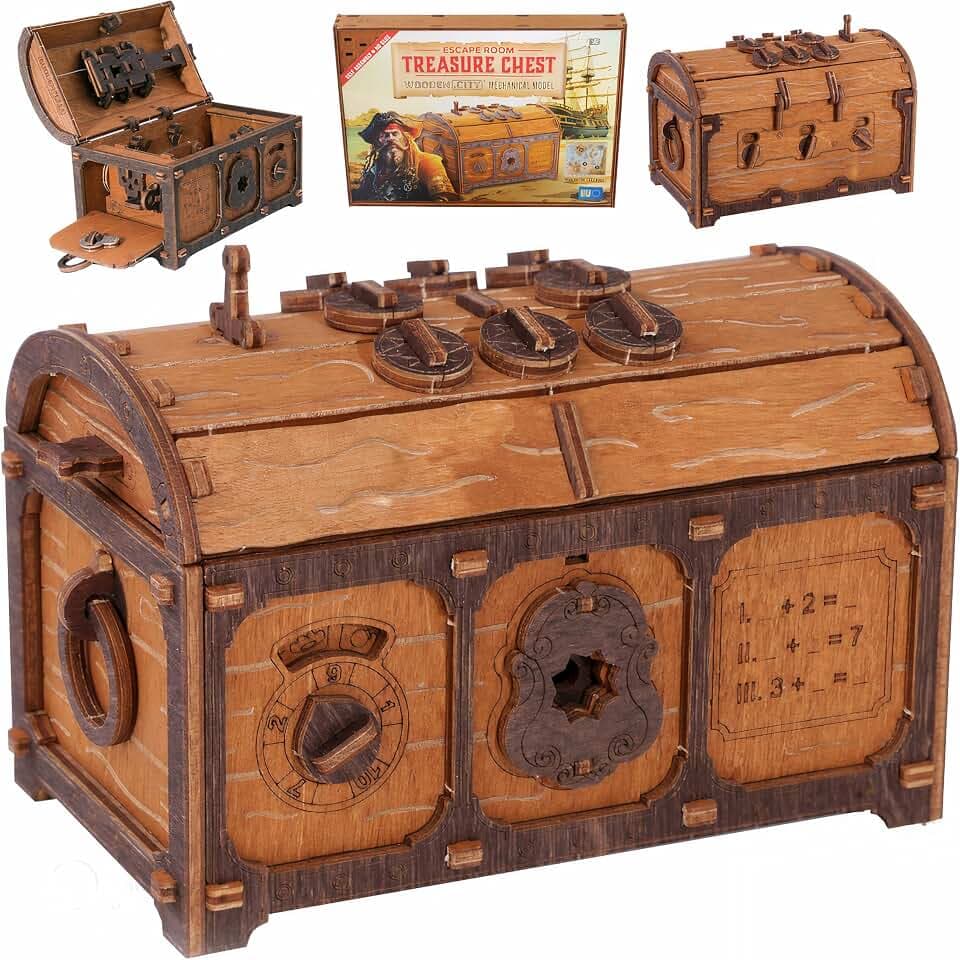 WOODEN.CITY Treasure Chest Сlue Box Holzrätselbox - 3D Puzzle Holz Knobelbox mit Geheimmechanismus 165-teilig Escape Box, Schwierigkeitsgrad 3/5 Rätsel- und Puzzlebox für Erwachsene Escape Room Spiel
