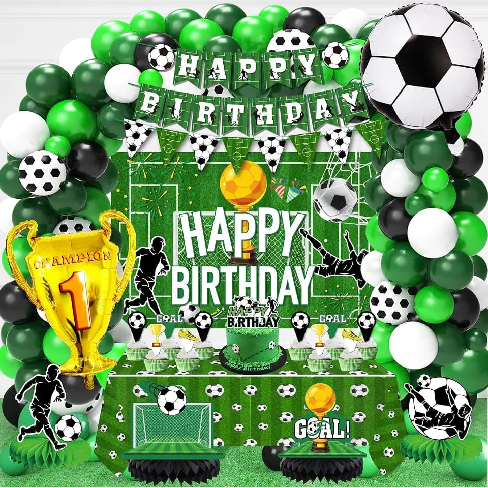 jenlion Soccer Birthday Party Decorations, 120Pcs Kit with Tablecloth, Backdrop Banner, Cake Topper, Balloons, Centerpieces & More for Boy