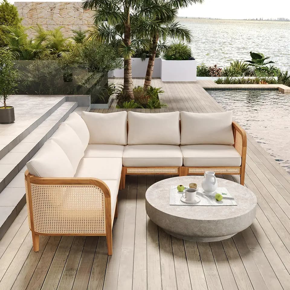 Merax 5 Piece Patio Outdoor Furniture Set, All-Weather Rattan Wicker L-Shaped Sectional Sofa w/Cushions, Acacia Wood 5-Seater Couch Set for Porch, Lawn, Backyard, Balcony, Teak+ Beige