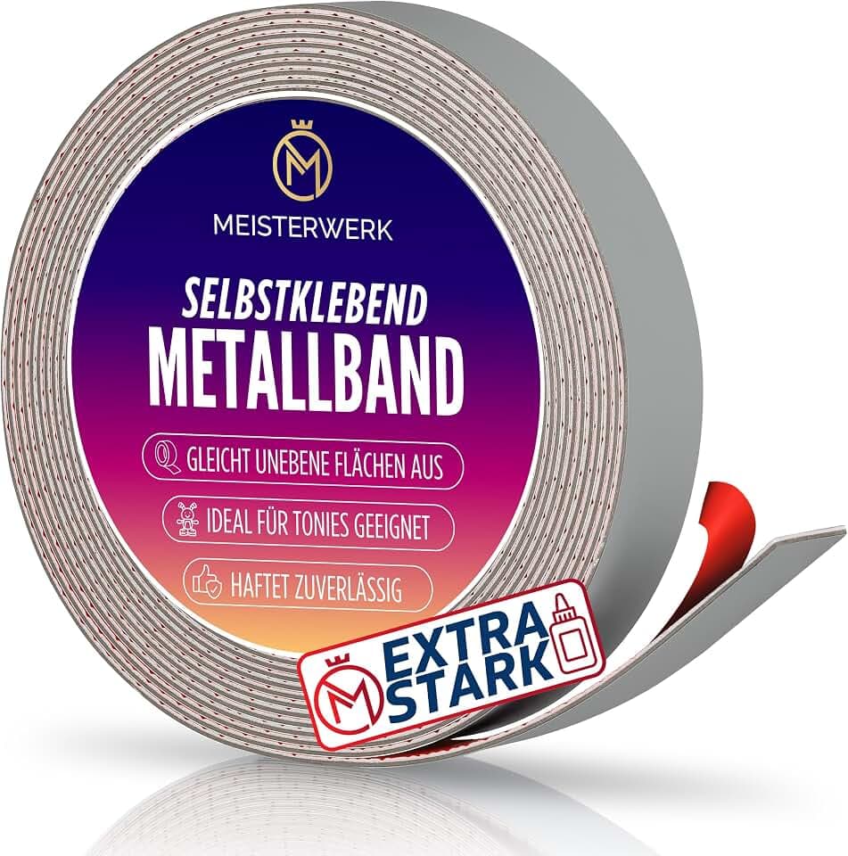 MEISTERWERK Metallband Selbstklebend u.a. für Tonies, Magnete & Tonie Tribüne | Metallband mit starkem Schaumstoffkleber | Magnetband | Magnetband | Magnetleiste selbstklebend