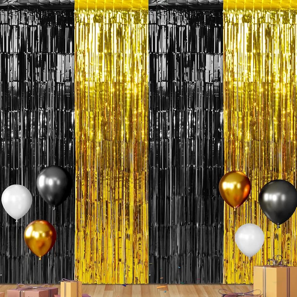 3Pack 3.3Ft x 6.6Ft Graduation Foil Fringe Curtain Backdrop Decorations, Black Gold Metallic Tinsel Foil Streamers Curtain Photo Booth Background for Graduation Prom Wedding Birthday Party Decorations