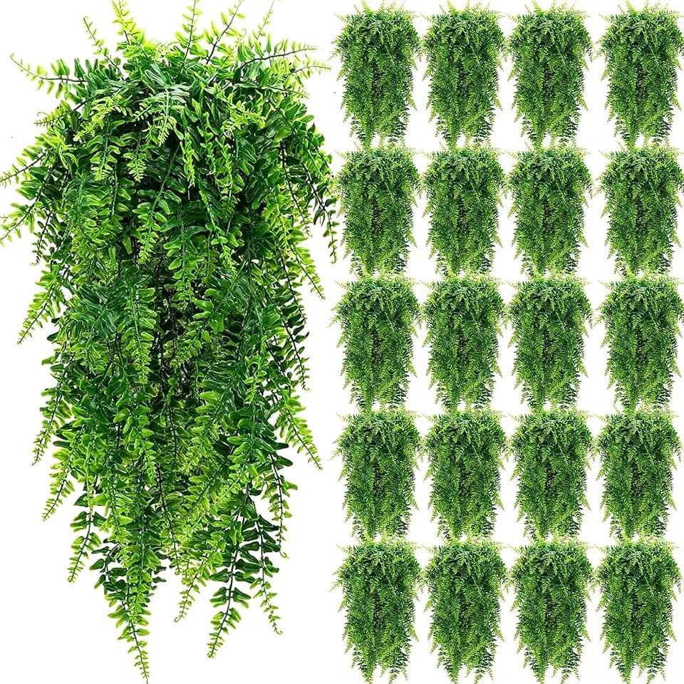Geosar 20 Pcs Artificial Hanging Plants Boston Ferns 32 Inch Plastic