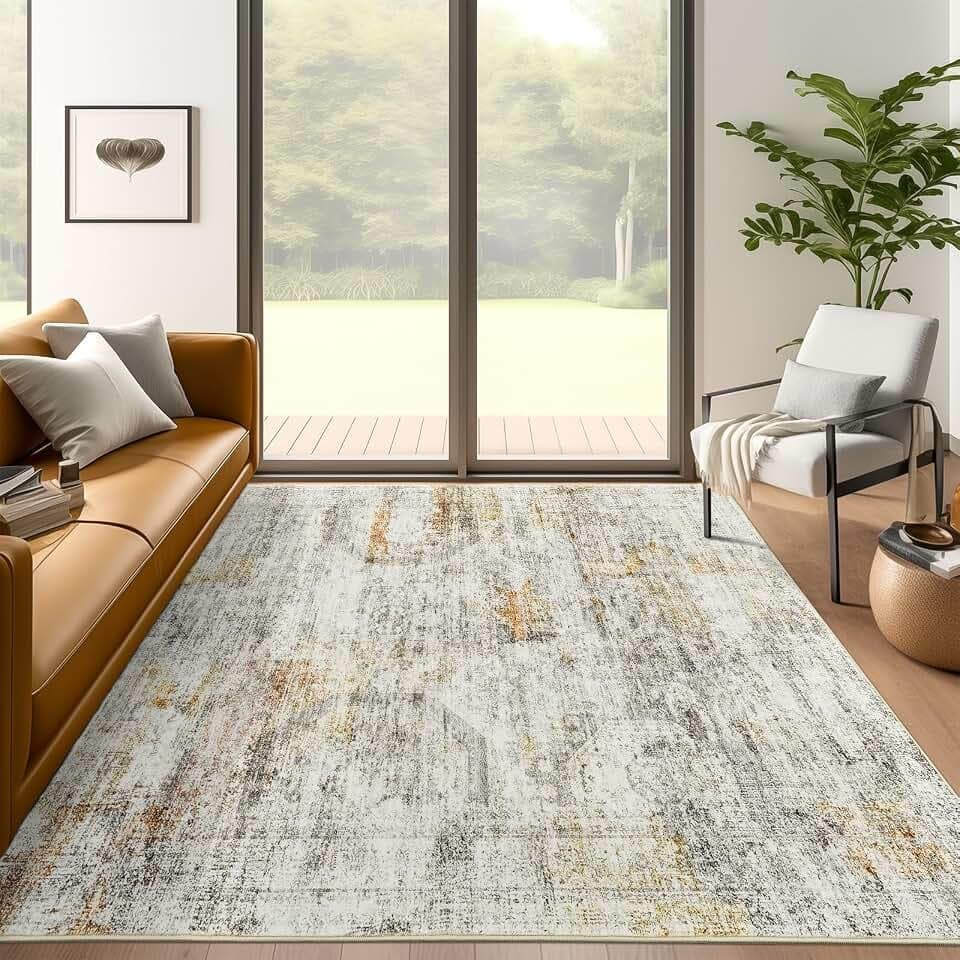 Soalmost 5x7 Area Rugs Grey/Rust Low Pile Washable Trendy Faded Style Rug