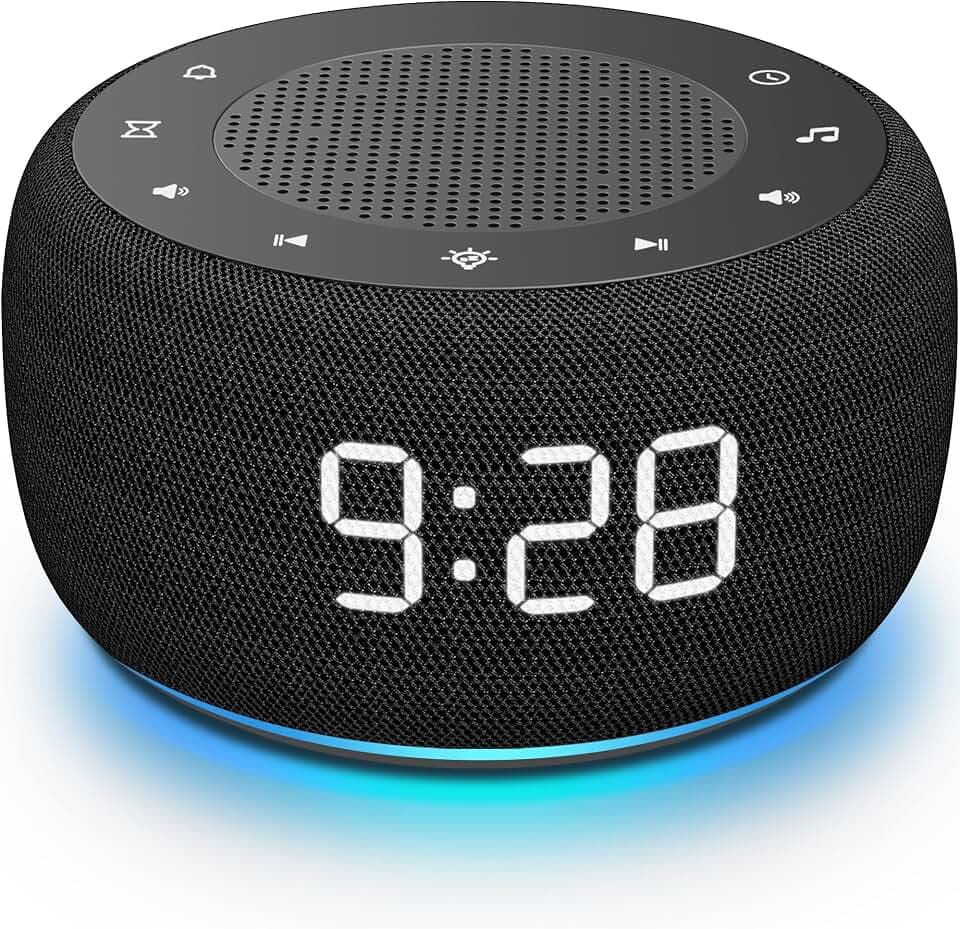 Buffbee Sound Machine & Alarm Clock 2-in-1, 0-100% Clock Face Brightness, Bottom Colored Light, Sleep Timer, Precise 30-Level Volume Control White Noise Machine