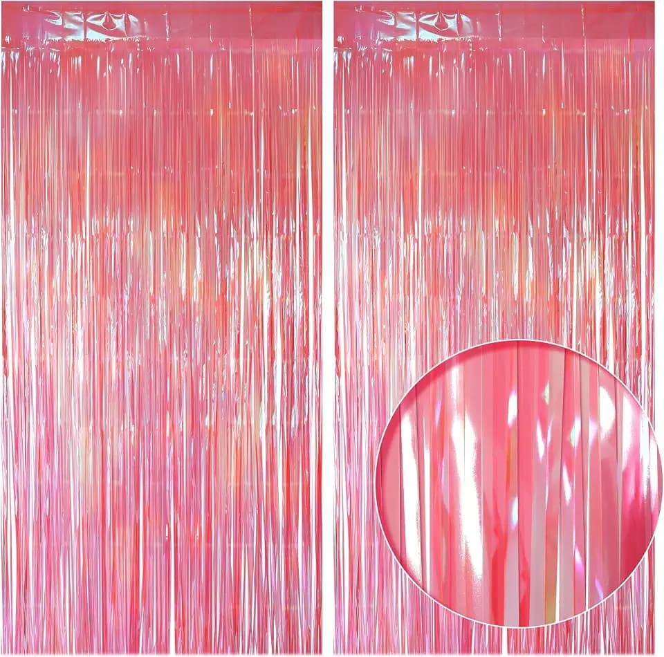 2 Pack Pink Iridescent Streamers Backdrop, 3.3x6.6ft Foil Fringe Curtains Holographic Door Tinsel Streamers for Birthday, Wedding, Holiday, Bachelorette, Baby Shower Theme Party Decorations