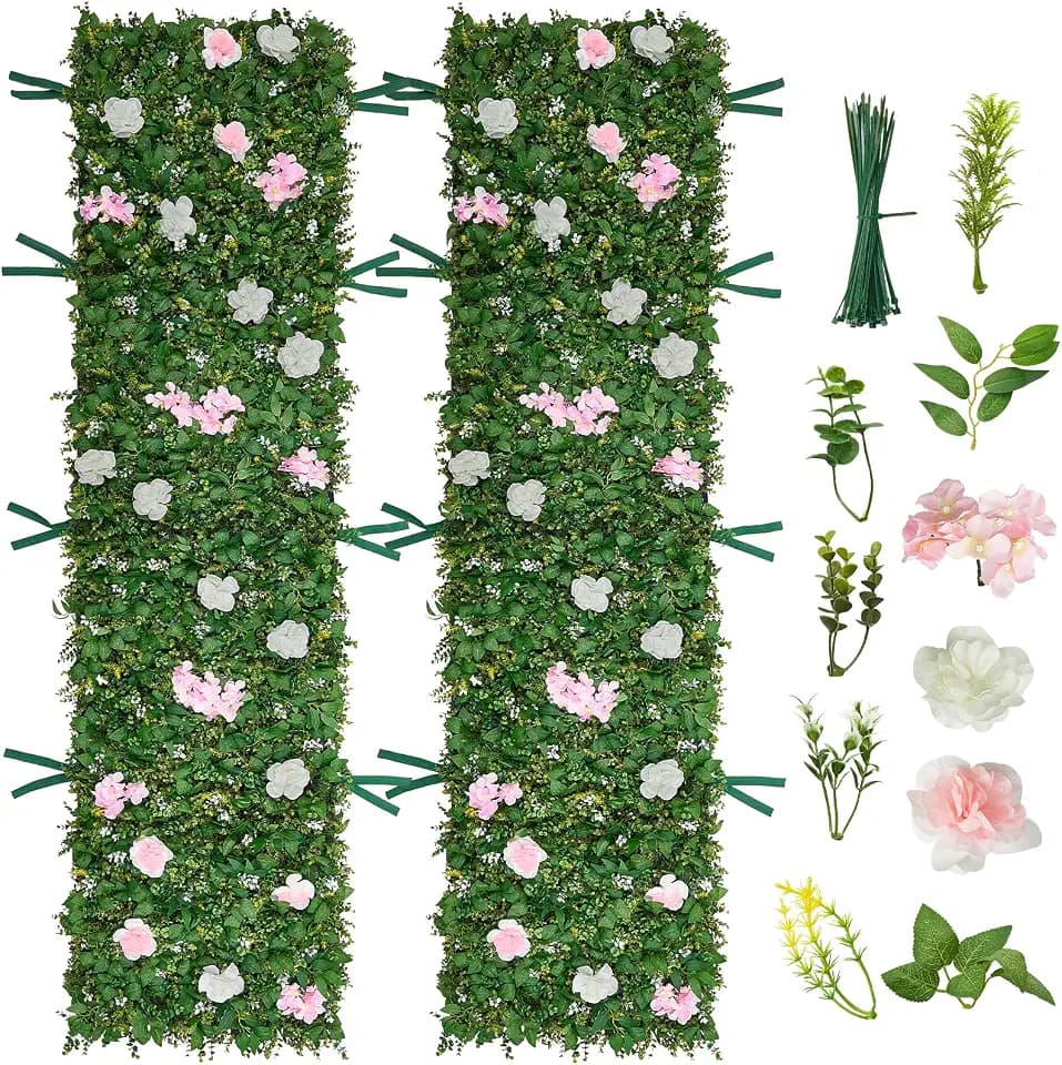 VEVOR Künstliche Hecke 2,4 m x 61 cm 2 STK., Pflanzenwand, PE-Sichtschutz, Sichtschutzzaun mit Seidenblumen, Heckenzaun, Kunstpflanzen Balkonverkleidung für Hochzeiten, Außengärten, Hinterhöfe