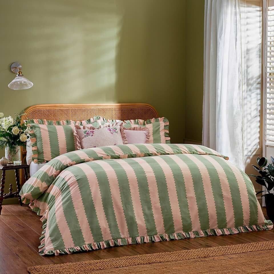 Wylder Birdie Stripe Bettbezug Set – Wendbar Gerüscht Baumwollreich Gestreift Bettwäsche (Pink/Grün - 200x200cm)