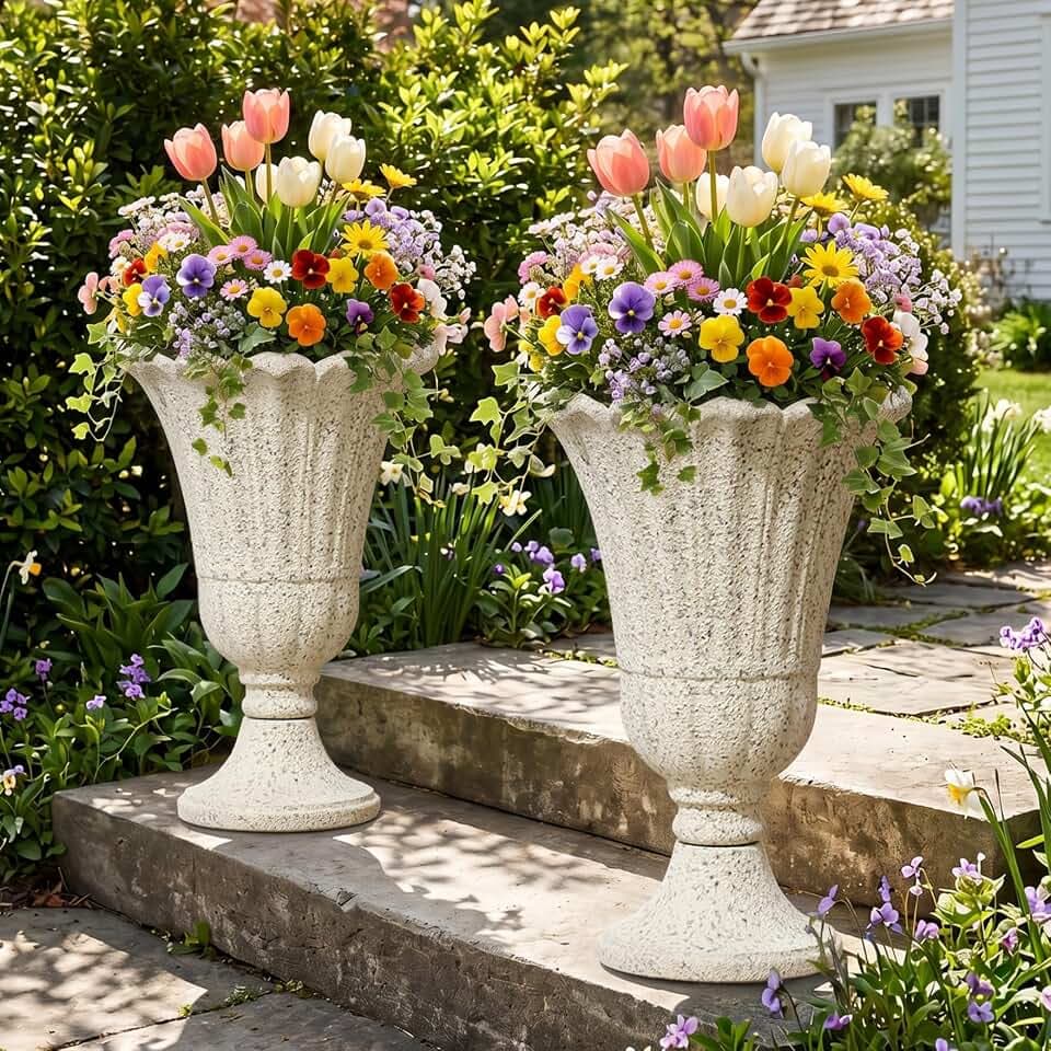 24" Tall Urn Planters for Outdoor Plants, Urns and Pedestal, Beige