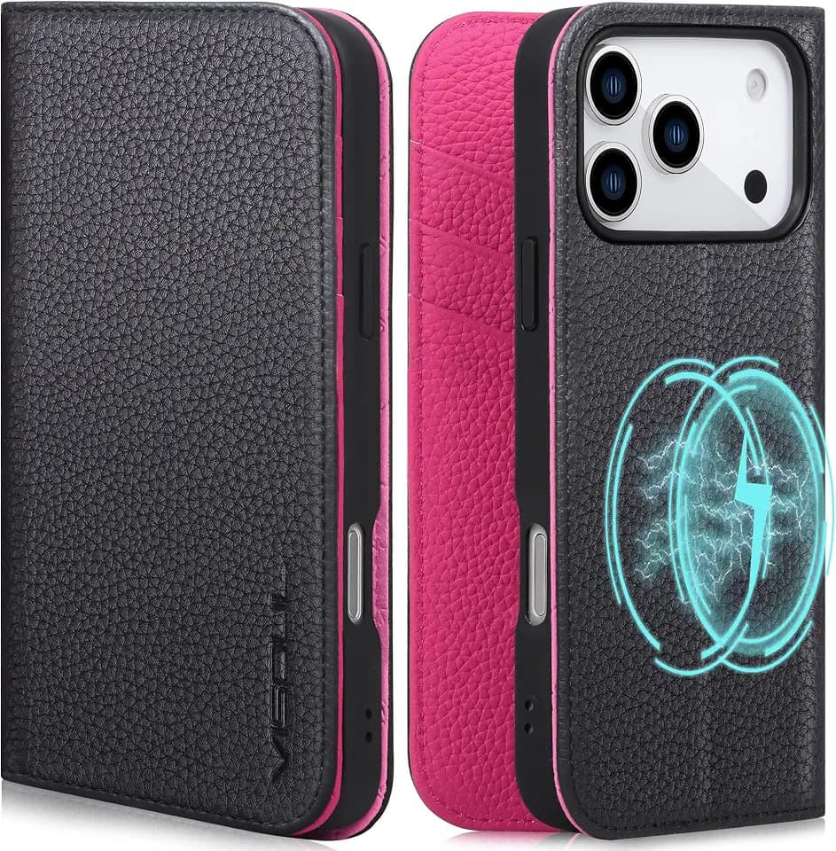 VISOUL Pebbled Leather Wallet Case for iPhone 18 Pro/17 Pro,Black+Peach Red