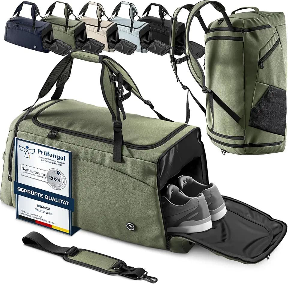 Sporttasche Trainingstasche + Rucksackfunktion, Schuhfach, Nassfach | Reisetasche Schwimmtasche Fitnesstasche Sport Gym Fitness Umhängetasche Handgepäck Weekender Bag Herren Damen | 60 L, Grün