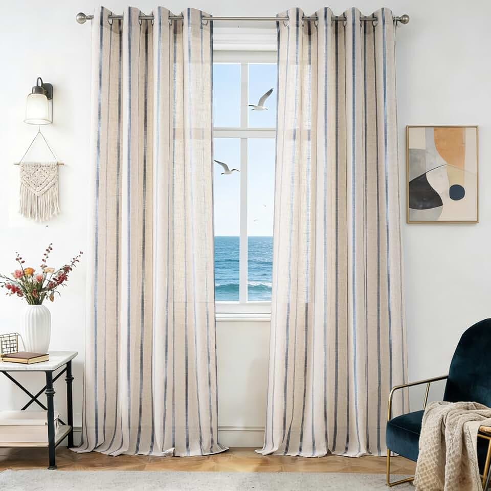 DriftAway Farmhouse Curtains for Living Room Vertical Striped Linen Curtains Semi Sheer Light Filtering Grommet Window Treatments, 96 Inches Long, 2 Panels, Pinstripe Navy on Beige