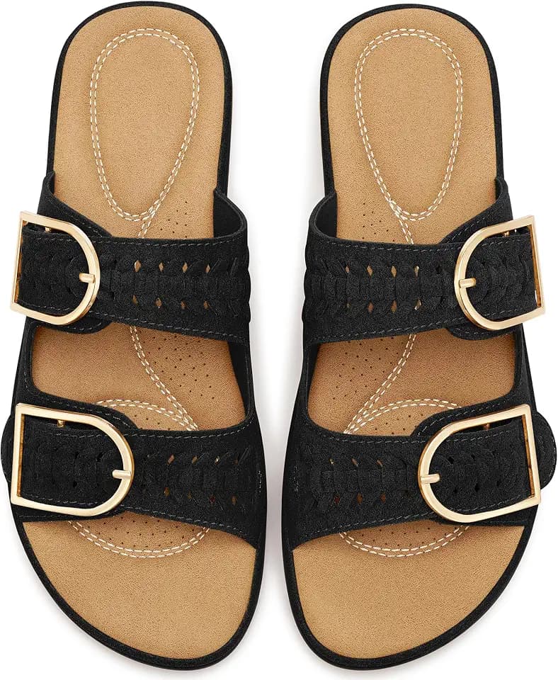 Womens Slide Comfort Sandals: Easy Slip-On & Woven Suede Upper for Errands - Cushioned Insoles & Adjustable Buckle for All-Day Confidence Walking - Active Women