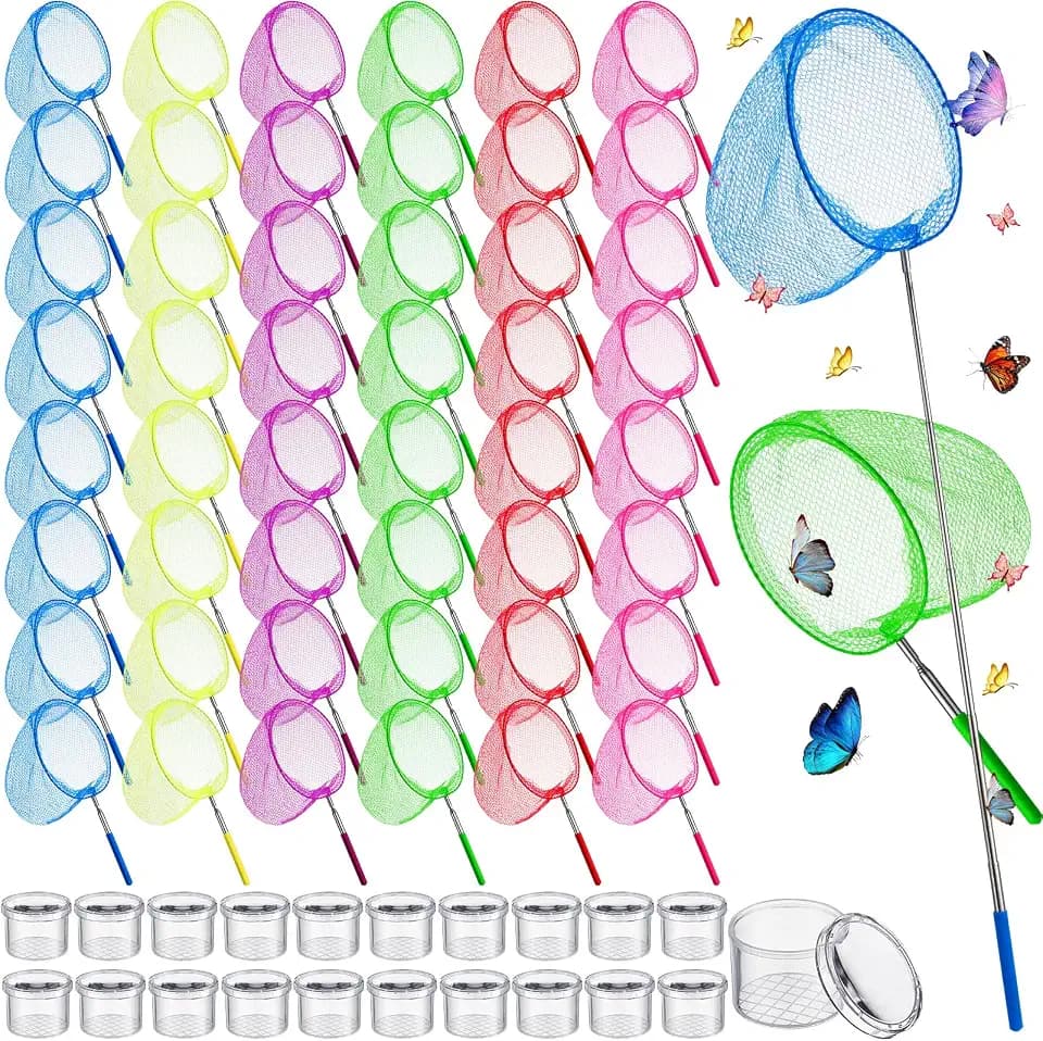 Arrowbash 48 Pcs Telescopic Butterfly Fishing Nets Bulk for Kids, with 20 Pcs Plastic Insect Bottles, 34 Inch Colorful Bug Catching Nets for Outdoor Activity, Summer Camp