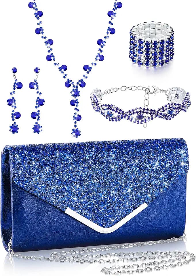 Henoyso 5 Pcs Jewelry Set, Rhinestone Clutch Purse for Prom