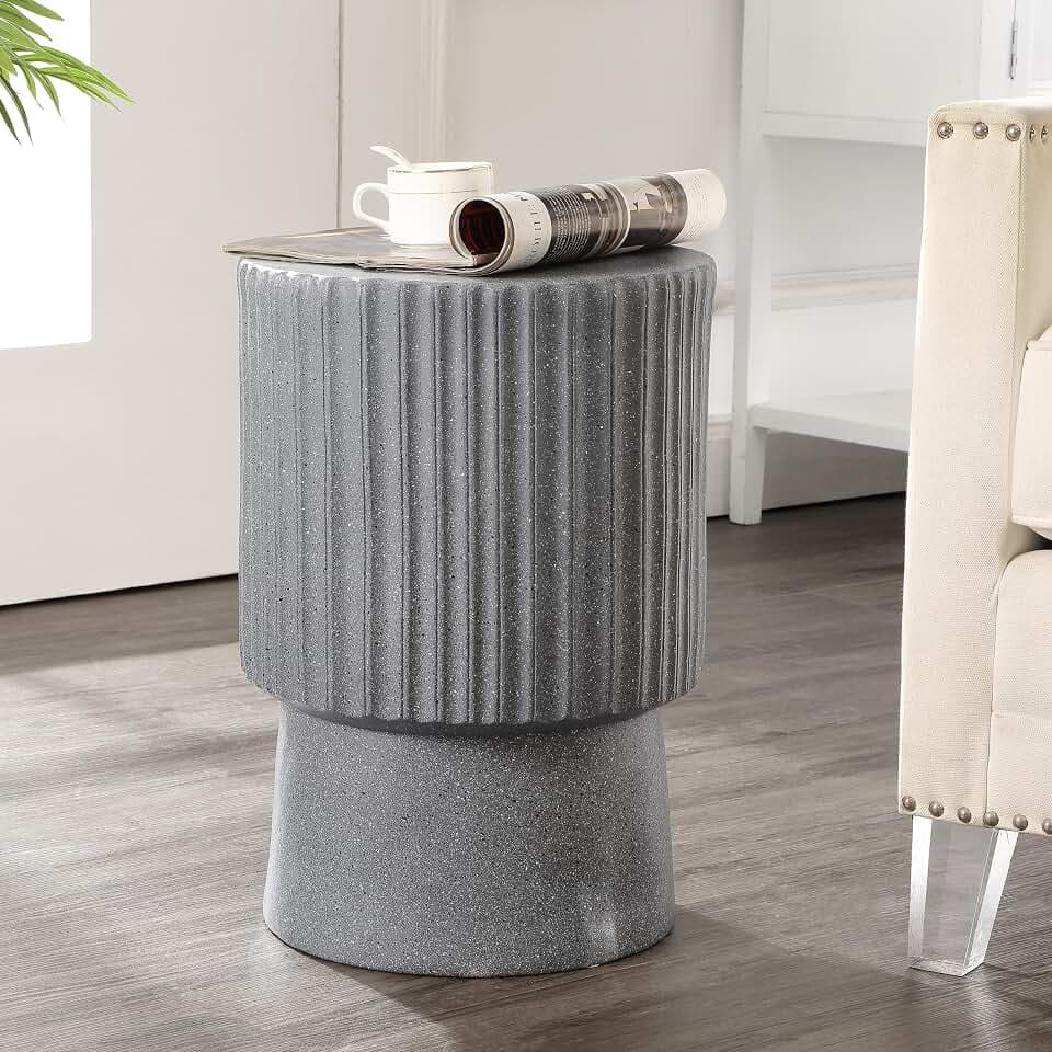 JONATHAN Y Louisa Outdoor Accent Table 19" Fluted Polyresin, Gray Terrazzo