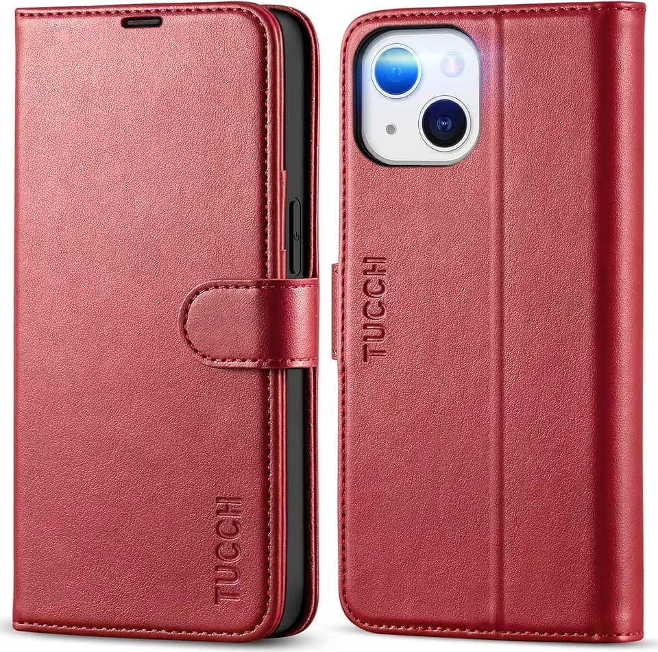 TUCCH Case Wallet for iPhone 13 (6.1") 2021, RFID Blocking Folio, Dark Red
