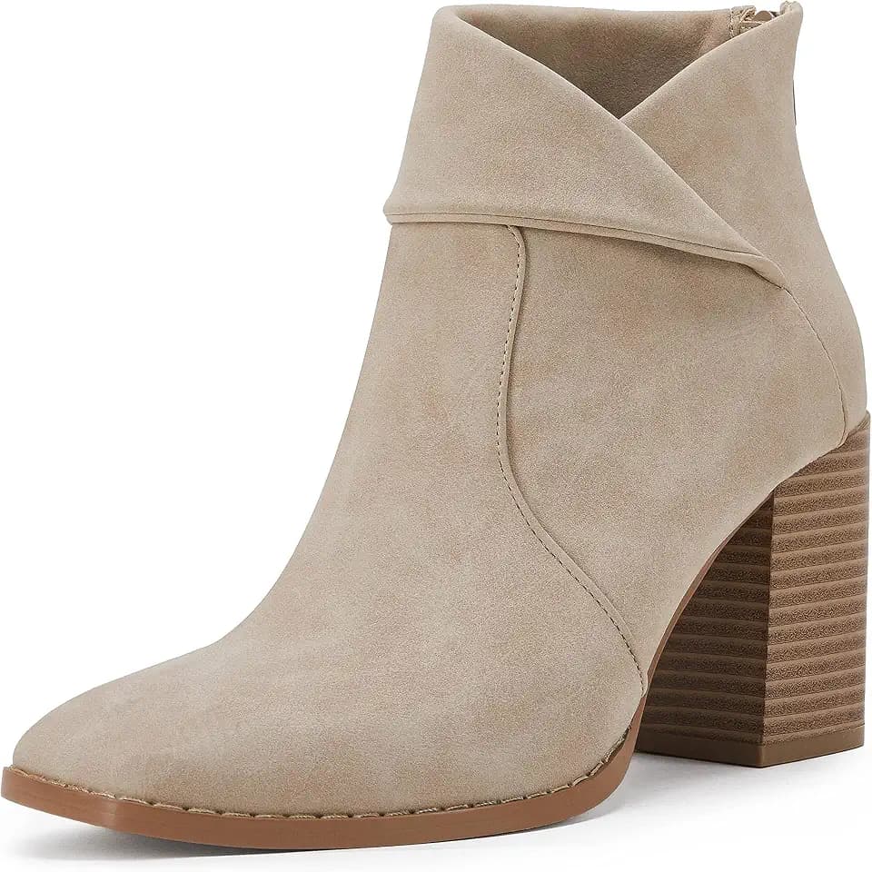 LAICIGO Women's Square Toe Ankle Boots High Chunky Stacked Heel Slip On Criss Cross Zipper Booties