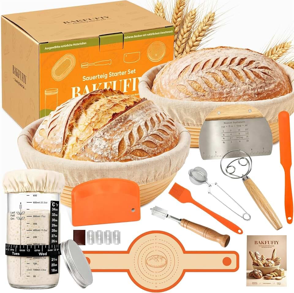Sauerteig Starter Set, 2 Gärkörbchen mit 730ml Sauerteig Glas