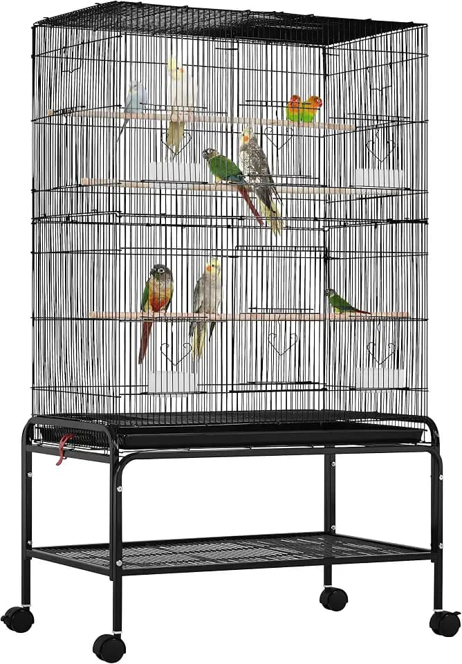 Yaheetech Vogelkäfig groß, 79 × 49 × 134,5 cm, Vogelvoliere mit 3 Sitzstangen, Papageienkäfig mit 6 Türen, Käfig für Wellensittich, 4 Futternapf, Schmutzwanneneinsatz, Schwarz